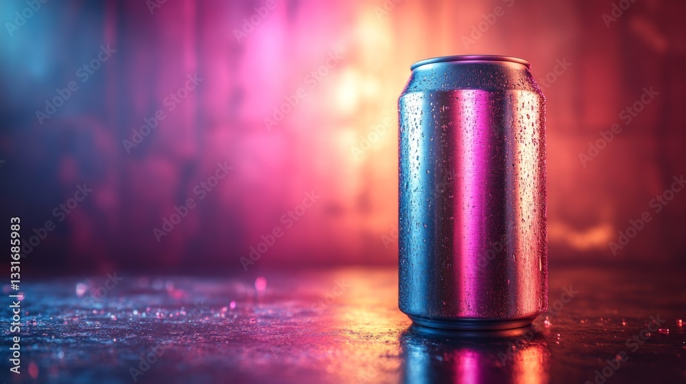 Poster A metallic can with droplets sits on a reflective surface, illuminated by colorful lights in a dimly lit environment, creating a lively atmosphere.