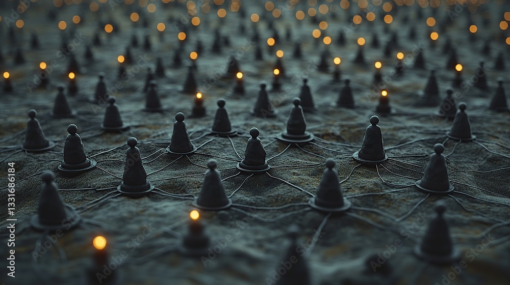 Poster abstract network of interconnected figures, illuminated by small lights, creating a sense of connect