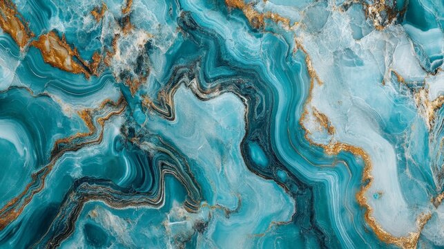 Abstract turquoise marble texture with gold veins and fluid patterns