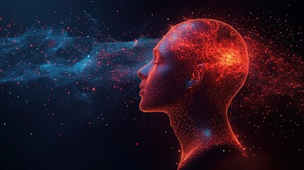 Digital head, abstract human profile, glowing energy