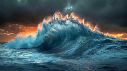 Fototapeta premium A breathtaking ocean wave curls against a stormy sky, illuminated by the warm glow of the setting sun. Dramatic seascape.