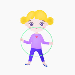 Cute little girl with hula hoop. Little smiling kid having fun with toy ring. Flat vector illustration isolated on white background