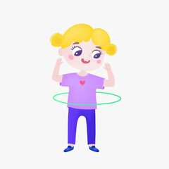 Cute little girl with hula hoop. Little smiling kid having fun with toy ring. Flat vector illustration isolated on white background