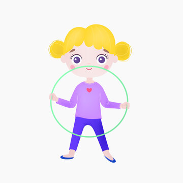 Cute little girl with hula hoop. Little smiling kid having fun with toy ring. Flat vector illustration isolated on white background