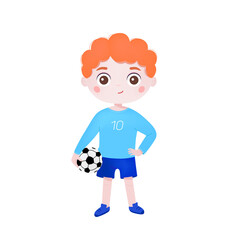 Sport little boy with soccer ball. Flat vector illustration isolated on white background