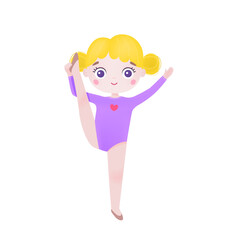 Little gymnast kid lifts his leg. Little gymnast girl doing splits standing. Flat vector illustration isolated on white background