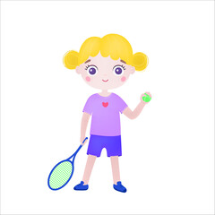 Cute little girl with tennis ball and tennis racket. Little girl tennis player in sportswear. Flat vector illustration isolated on white background