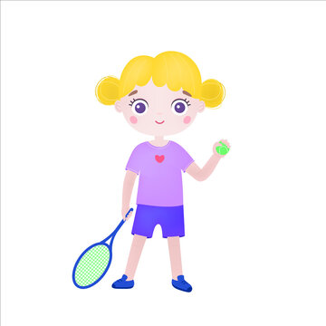 Cute little girl with tennis ball and tennis racket. Little girl tennis player in sportswear. Flat illustration isolated on white background