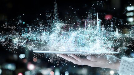 Digital transformation event showcasing futuristic cityscape urban night visual art imaginative perspective