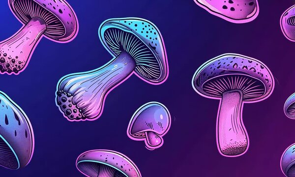 Glowing psychedelic mushrooms floating seamless pattern on dark background