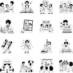 Set of 16 Glyph Happy Birthday Illustrations

