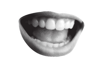 A halftone photograph of a woman's gorgeous, full lips from a magazine clipping. open mouth, emotions
