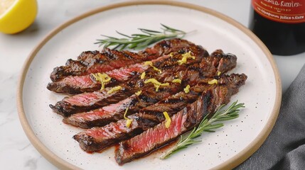 Charred skirt steak plated on a white ceramic dish