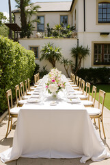 Fototapeta premium Elegant outdoor dining setup with floral arrangements on a sunny day in a park