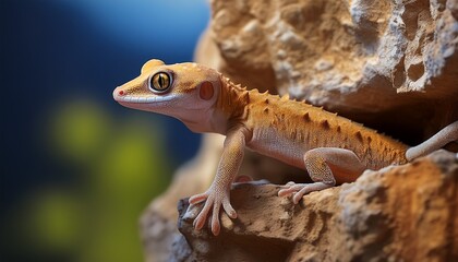 Obraz premium Gecko clinging to a rock wall, small feet gripping rough stone surface, showcasing its natural climbing ability.