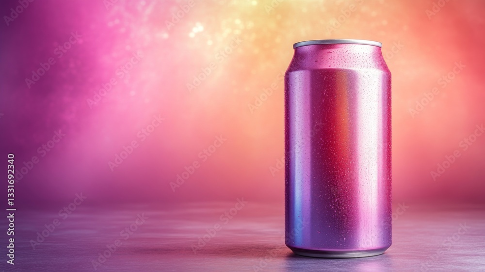 Leinwandbilder A shiny beverage can stands upright on a textured surface. The can reflects various vibrant colors against a gradient background that creates an artistic atmosphere, enhancing the visual appeal.