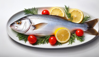 illustration of a whole fresh fish on a white plate garnished with lemon slices cherry tomatoes and fresh herbs creating a culinary preparation scene