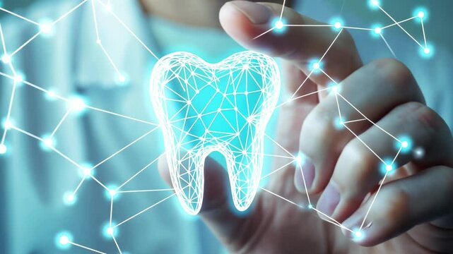 Doctor touches glowing blue tooth icon made of connected dots and lines in digital style