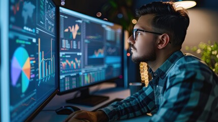 Focused Data Analyst Working on Multiple Monitors in a Modern Office