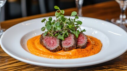 Perfectly cooked skirt steak plated with delicate garnish