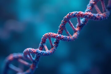 Macro shot of a twisted DNA chain against a vibrant blue backdrop, medical, sequencing