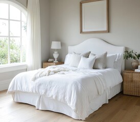 Serene bedroom with white bedding, arched window, and natural light.