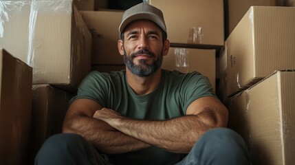 A confident man sitting among packed boxes, exuding a strong presence and positivity that captures a moment of determination amidst the chaos of packing.