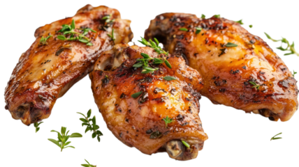Grilled chicken wings garnished with fresh herbs in a bright setting during daytime