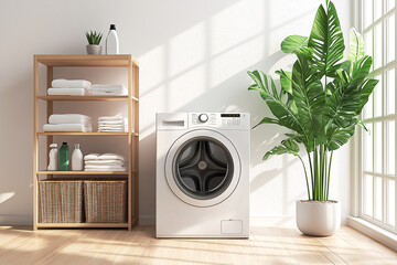Modern front loading washing machine with premium white cabinet with digital control panel, located in bright white room.