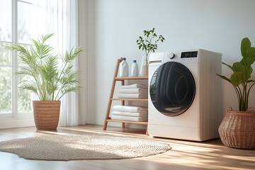 Modern front loading washing machine with premium white cabinet with digital control panel, located in bright white room.