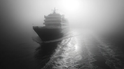 Cruise ship sailing in dense fog, ocean view.