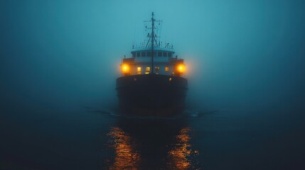 Obraz premium Cargo ship sailing in dense fog at night, illuminated by its lights.