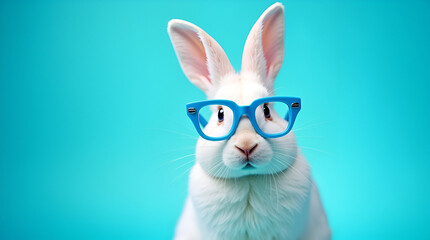 white rabbit with a blue background sunglasses,