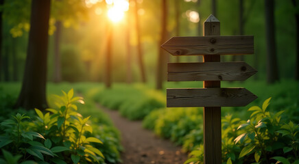 A wooden signpost in a forest path during sunset.  Peaceful and serene nature scene perfect for travel, adventure, or direction concepts.