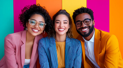 Joyful Diverse Friends Smiling Against Vibrant Background
