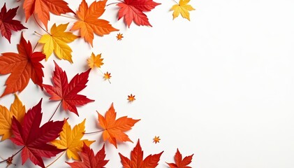 Vibrant orange and red autumn leaves scattered on a white background, foliage, fall