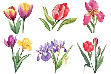 Fototapeta premium Botanical Watercolor Floral Collection – Tulips & Irises in Vibrant Arrangements