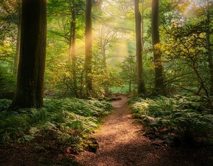 Obraz premium a serene forest path winding through dense foliage with sunlight filtering through the canopy above and illuminating the forest floor in a warm golden light nature forest floor