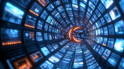 Digital Tunnel Geometric Mosaic of Screens Displaying Multimedia Content in Modern Minimalist Style