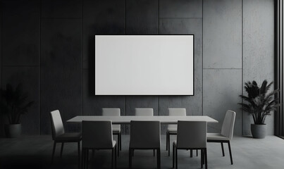 Modern Conference Room with Empty Table and Blank Screen Wall