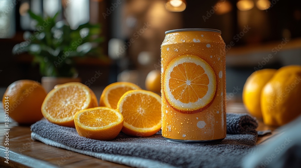 Aufkleber a vibrant can of orange drink sits on a textured towel alongside fresh orange halves and whole orang