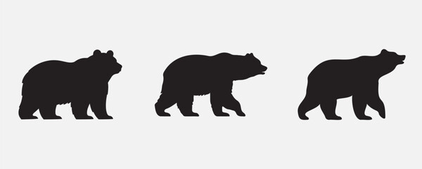 Three bear silhouettes in various walking poses, representing strength and wilderness. Perfect for logos, outdoor designs, and nature-themed illustrations