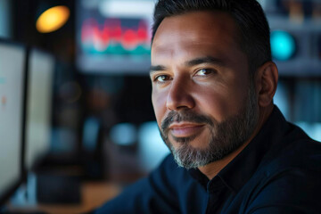 Fototapeta premium Confident Middle-Eastern man with a beard, gazing thoughtfully while sitting in a modern workspace, surrounded by computer screens.