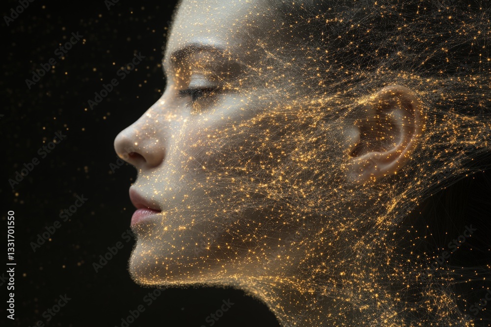 Poster woman's profile surrounded by glowing particles creating a dreamy, ethereal atmosphere in a dark set