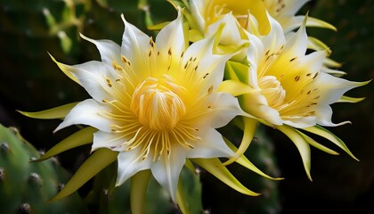 Fototapeta premium bright white and yellow dragon fruit flowers blooming