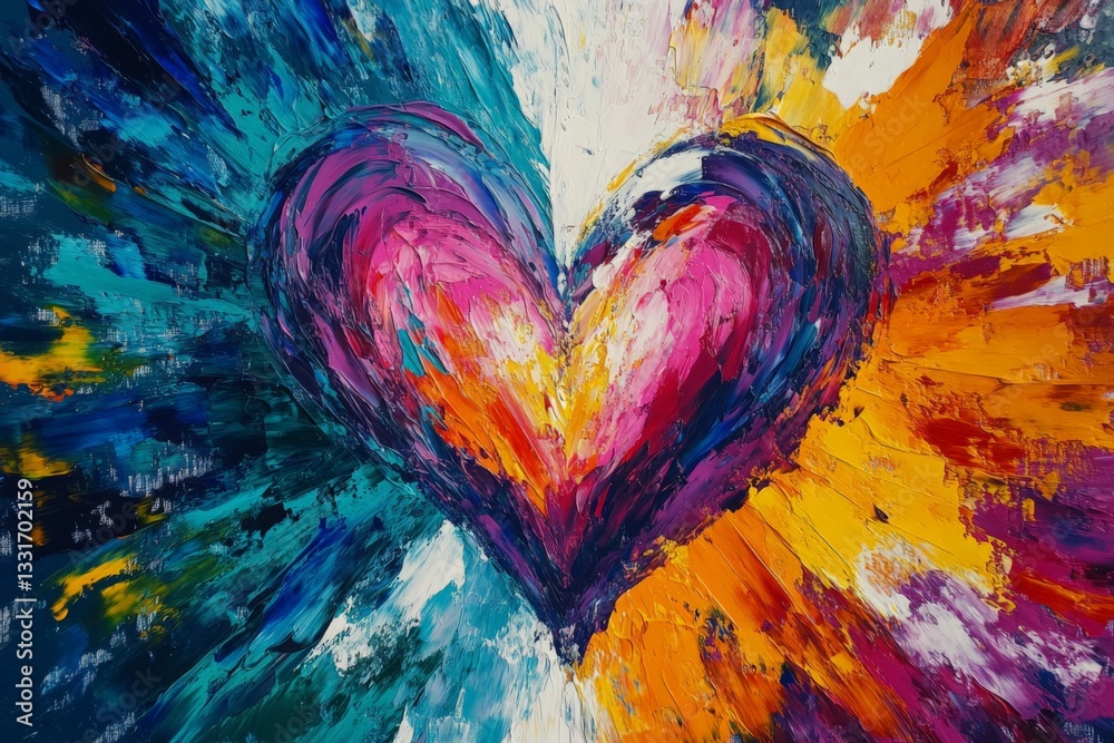 Poster bright heart-shaped abstract painting with vibrant colors blending harmoniously on the canvas