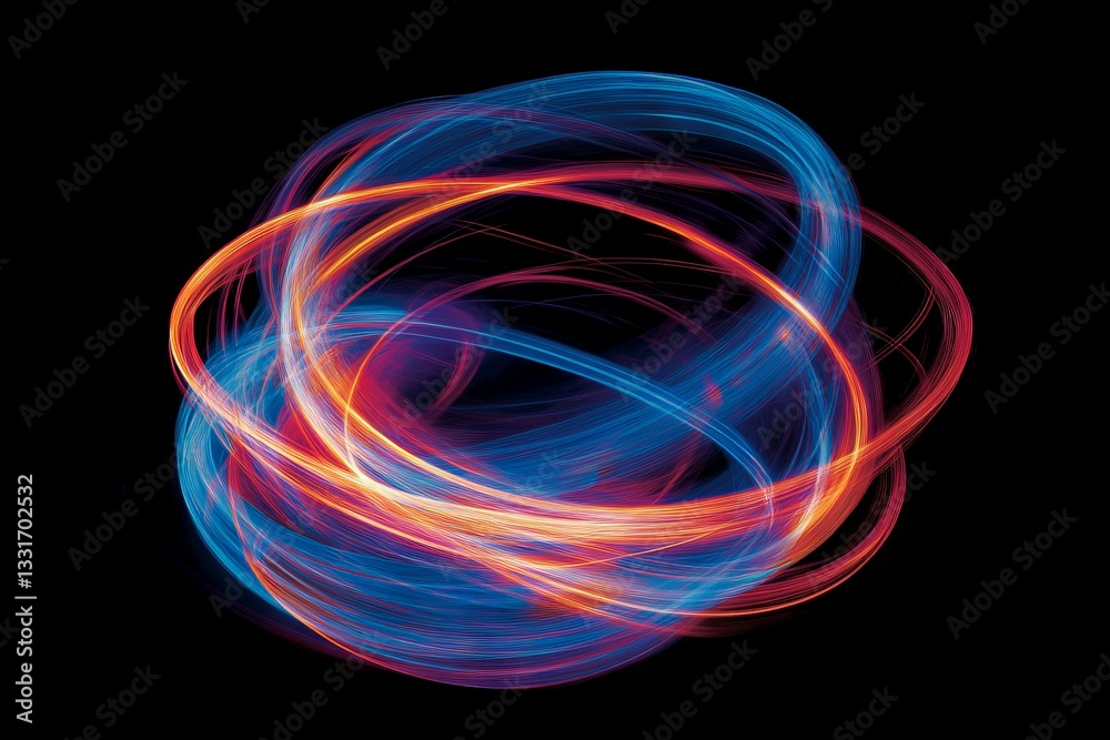 Aufkleber Abstract light trails create a dynamic sphere in vibrant colors against a black background during a nighttime display