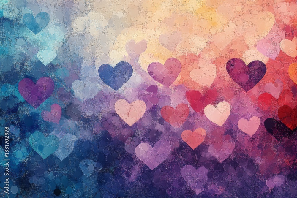Poster Colorful heart patterns create a romantic atmosphere with soft hues in a vibrant background