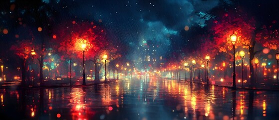 Naklejka premium Glowing city lights in a tranquil urban night scene