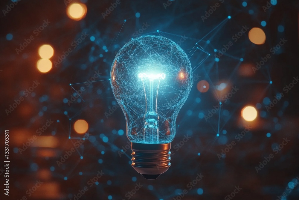Aufkleber bright light bulb glowing amidst digital connections and abstract background with bokeh effects
